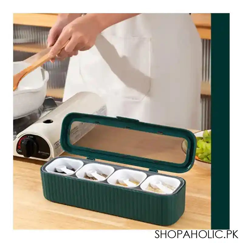 Plastic 4 Portions Seasoning Box With Jars & Spoons, Kitchen Spice Master Set, Green, 100652 - Image 3
