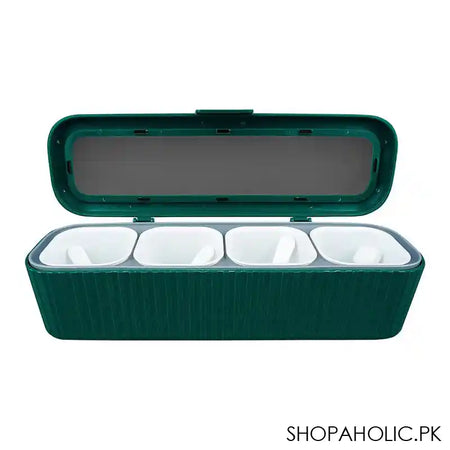 Plastic 4 Portions Seasoning Box With Jars & Spoons, Kitchen Spice Master Set, Green, 100652 - Main Image
