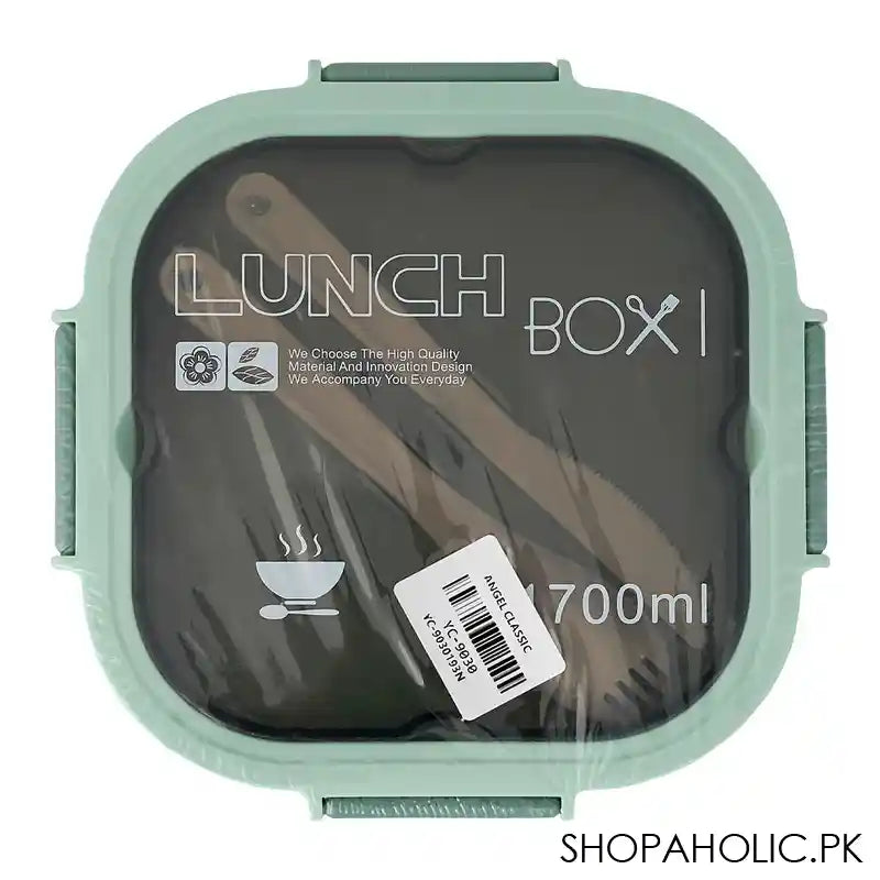Plastic Double Layer Lunch Box, Cutlery, 1700ml, Sea Green, 4.5in (H) x 4.1in (W) x 3.3in (D), Yc-9030 - Image 3