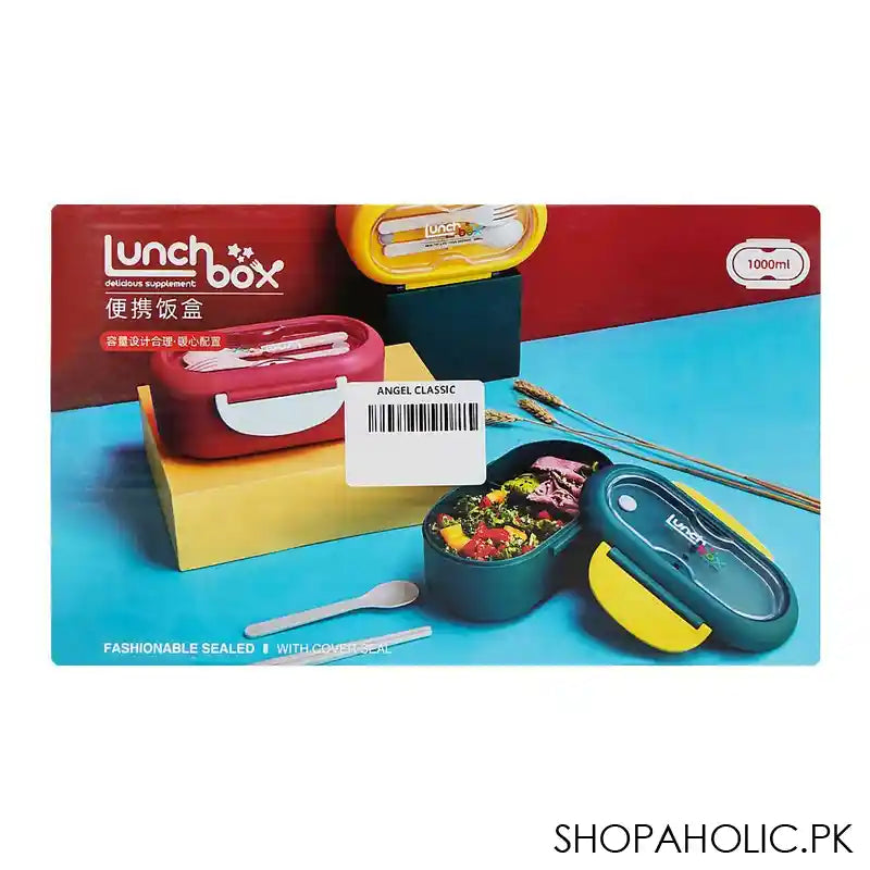 Plastic Lunch Box, 2 Compartments & Cutlery, 1000ml, Blue, 6.1in (H) x 3in (W) x 2.2in (D), Kh-002 - Image 4