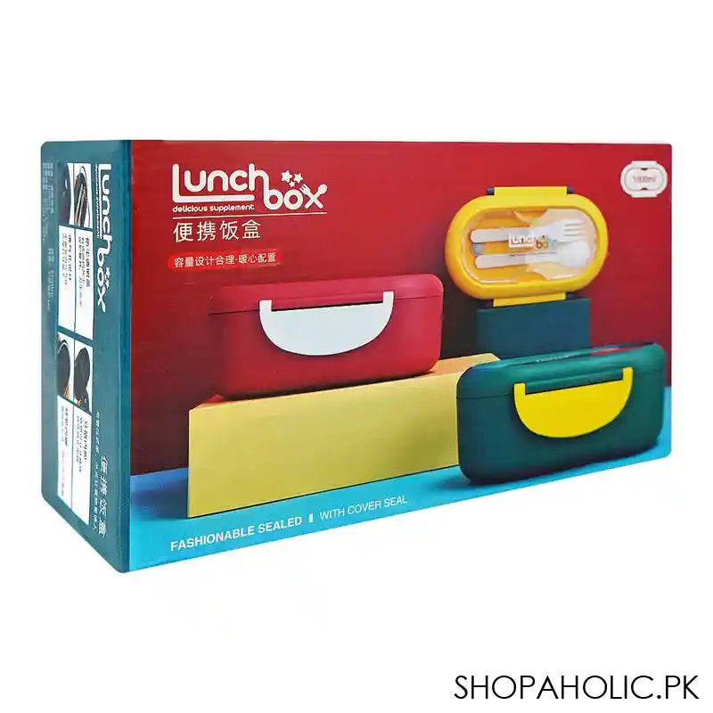 Plastic Lunch Box, 2 Compartments & Cutlery, 1000ml, Blue, 6.1in (H) x 3in (W) x 2.2in (D), Kh-002 - Image 2