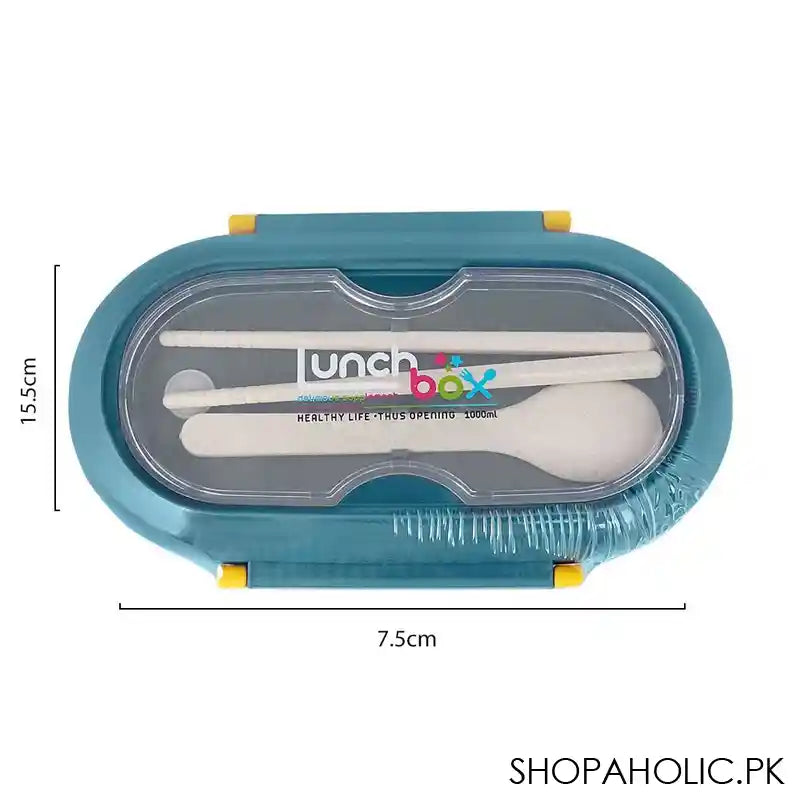 Plastic Lunch Box, 2 Compartments & Cutlery, 1000ml, Blue, 6.1in (H) x 3in (W) x 2.2in (D), Kh-002 - Image 3