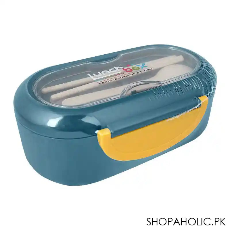 Plastic Lunch Box, 2 Compartments & Cutlery, 1000ml, Blue, 6.1in (H) x 3in (W) x 2.2in (D), Kh-002 - Main Image