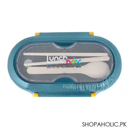 Plastic Lunch Box, 2 Compartments & Cutlery, 1000ml, Blue, 6.1in (H) x 3in (W) x 2.2in (D), Kh-002 - Image 5