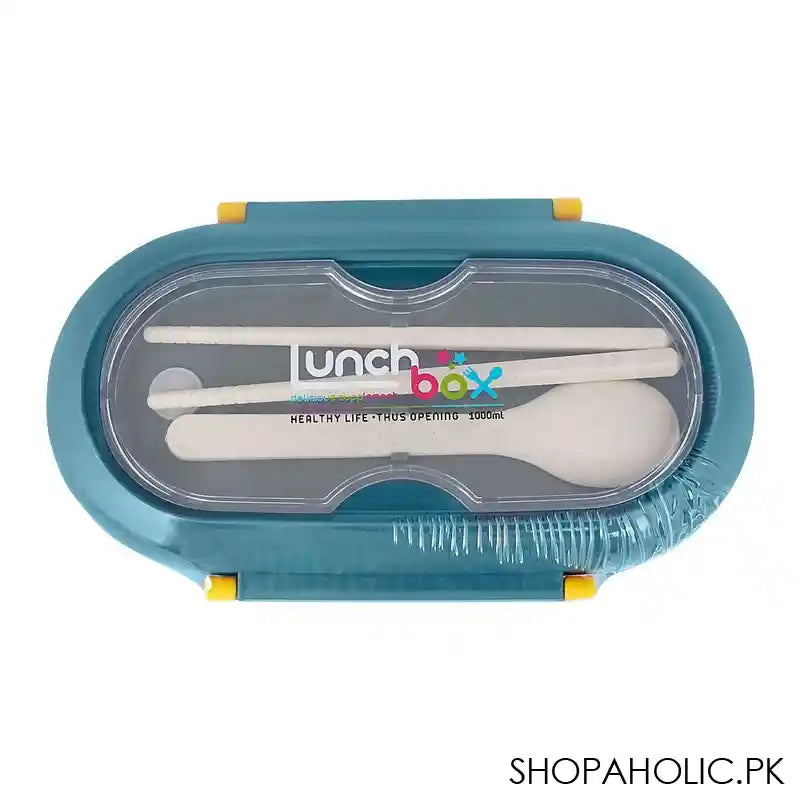 Plastic Lunch Box, 2 Compartments & Cutlery, 1000ml, Blue, 6.1in (H) x 3in (W) x 2.2in (D), Kh-002 - Image 5