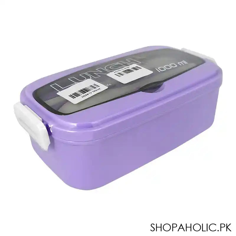 Plastic Lunch Box, 2 Compartments & Cutlery, 1000ml, Purple, 5.9in (H) x 3in (W) x 2.2in (D), Yc9039 - Image 4