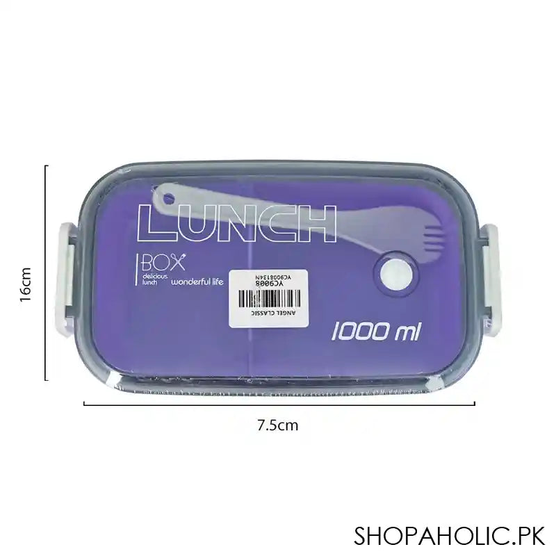 Plastic Lunch Box, 2 Compartments & Cutlery, 1000ml, Purple, 6.3in (H) x 3in (W) x 2.2in (D), Yc9008 - Image 2