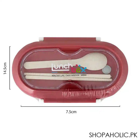 Plastic Lunch Box, 2 Compartments & Cutlery, 1000ml, Red, 5.7in (H) x 3in (W) x 2.2in (D), Kh-002 - Image 2
