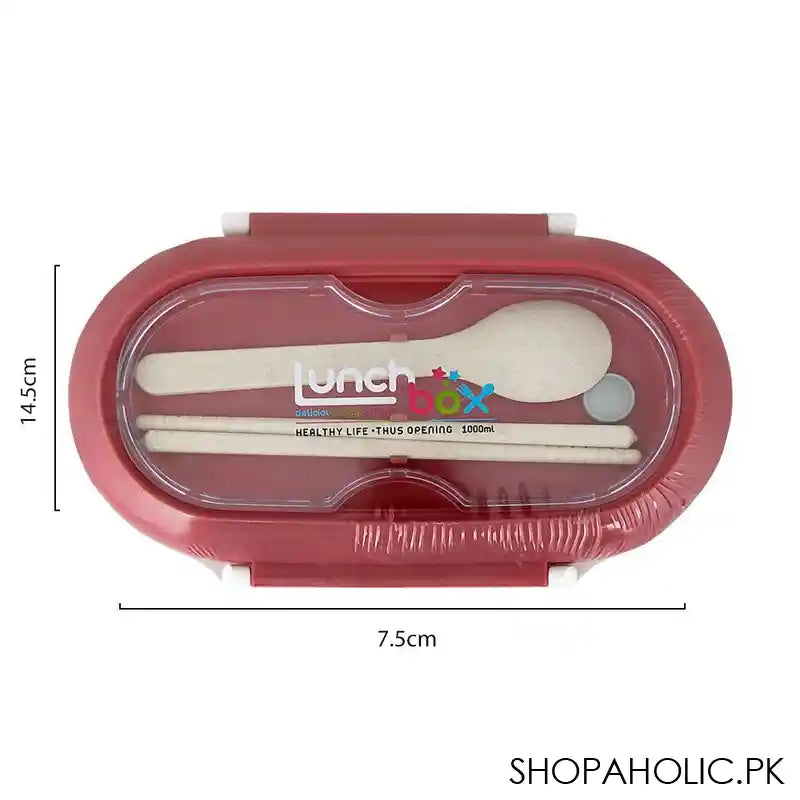 Plastic Lunch Box, 2 Compartments & Cutlery, 1000ml, Red, 5.7in (H) x 3in (W) x 2.2in (D), Kh-002 - Image 2