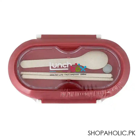 Plastic Lunch Box, 2 Compartments & Cutlery, 1000ml, Red, 5.7in (H) x 3in (W) x 2.2in (D), Kh-002 - Image 5