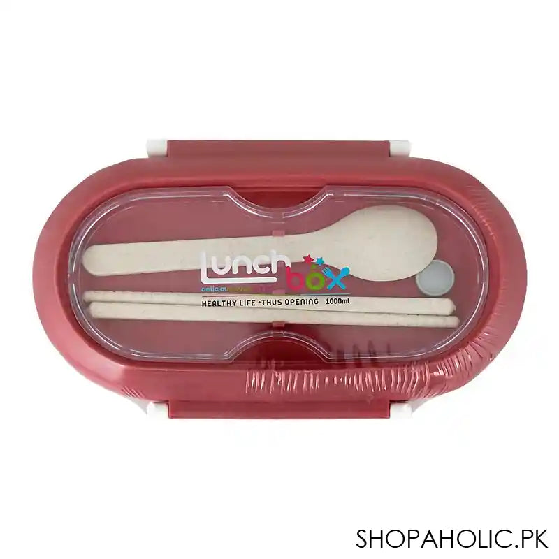 Plastic Lunch Box, 2 Compartments & Cutlery, 1000ml, Red, 5.7in (H) x 3in (W) x 2.2in (D), Kh-002 - Image 5