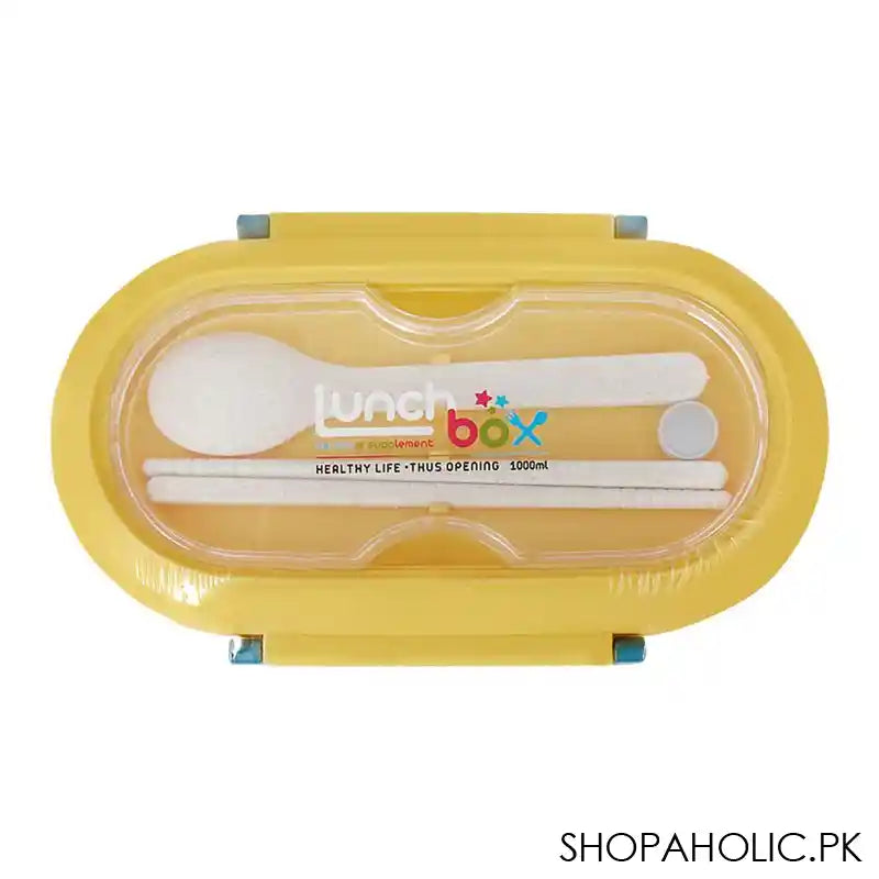 Plastic Lunch Box, 2 Compartments & Cutlery, 1000ml, Yellow, 5.9in (H) x 3in (W) x 2.2in (D), Kh-002 - Image 3