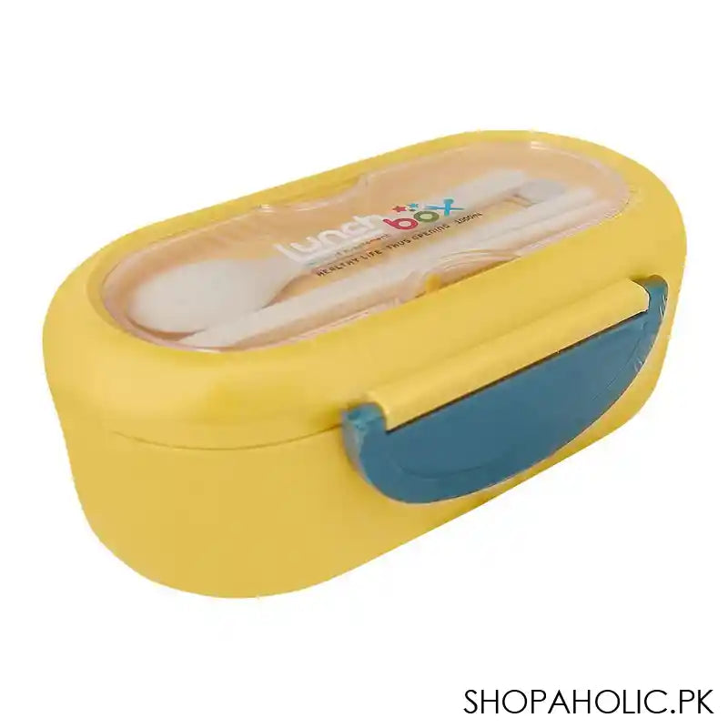 Plastic Lunch Box, 2 Compartments & Cutlery, 1000ml, Yellow, 5.9in (H) x 3in (W) x 2.2in (D), Kh-002 - Main Image
