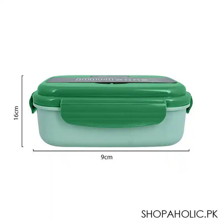 Plastic Lunch Box, 2 Compartments & Cutlery, 1100ml, Green, 6.3in (H) x 3.5in (W) x 2in (D), Yk-0225 - Image 2