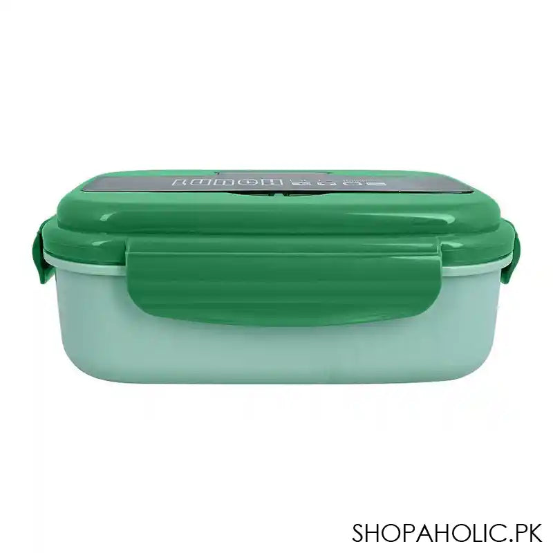 Plastic Lunch Box, 2 Compartments & Cutlery, 1100ml, Green, 6.3in (H) x 3.5in (W) x 2in (D), Yk-0225 - Image 3