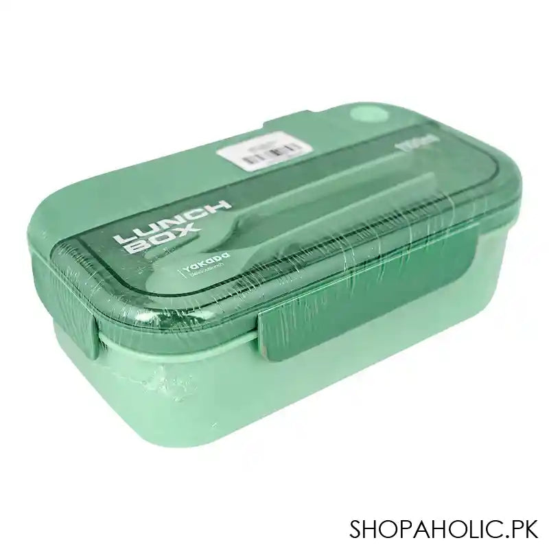 Plastic Lunch Box, 2 Compartments & Cutlery, 1100ml, Green, 6.5in (H) x 3.3in (W) x 2in (D), Yk0335 - Image 2