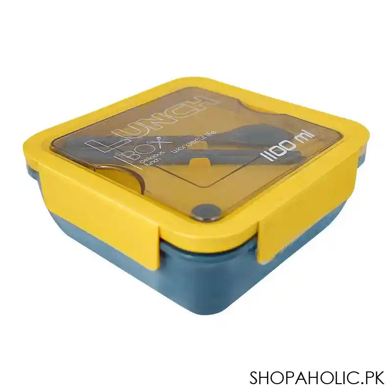 Plastic Lunch Box, 2 Compartments & Cutlery, 1100ml, Yellow, 6.5in (H) x 4.3in (W) x 2.2in (D), Yk-0228 - Image 3