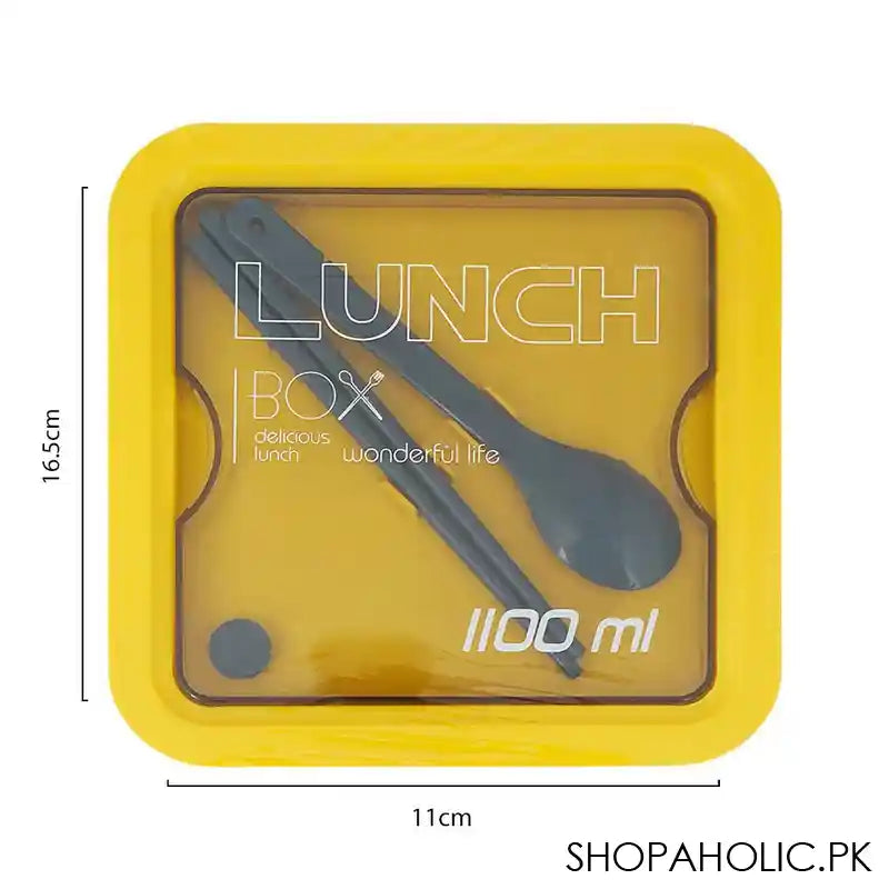 Plastic Lunch Box, 2 Compartments & Cutlery, 1100ml, Yellow, 6.5in (H) x 4.3in (W) x 2.2in (D), Yk-0228 - Image 4