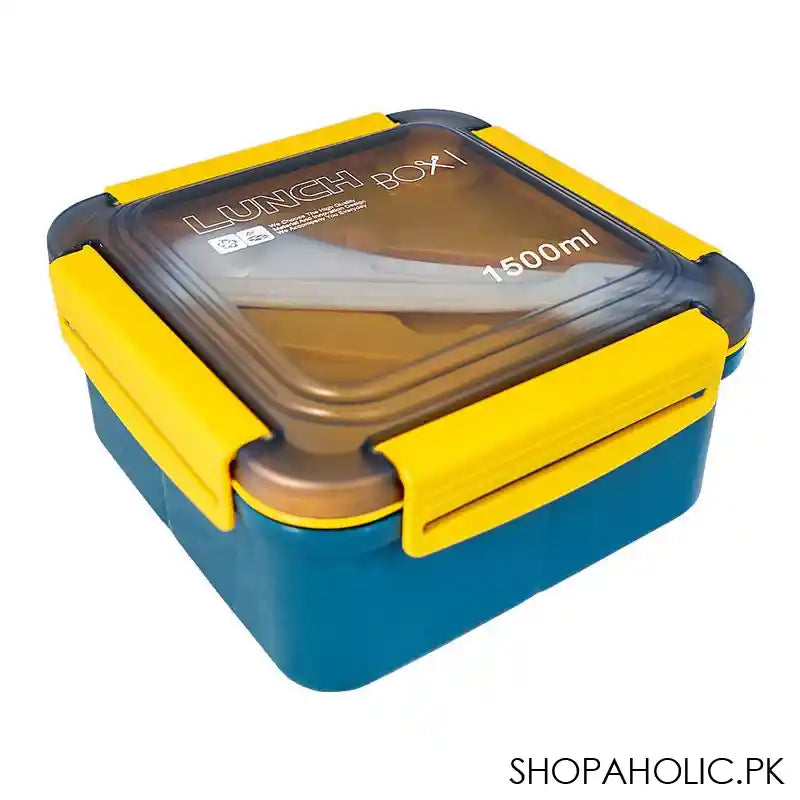 Plastic Lunch Box, 3 Compartments & Cutlery, 1500ml, Blue & Yellow, 5.9in (H) x 5.1in (W) x 3in (D), 287539 - Image 3