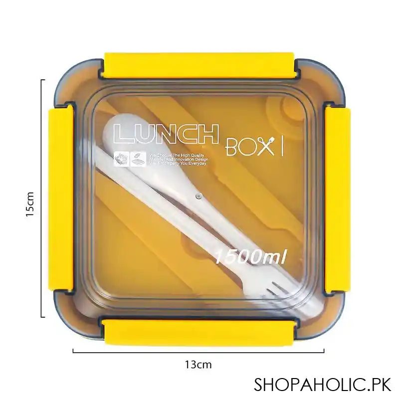 Plastic Lunch Box, 3 Compartments & Cutlery, 1500ml, Blue & Yellow, 5.9in (H) x 5.1in (W) x 3in (D), 287539 - Image 4
