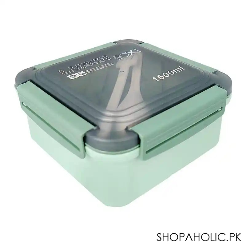 Plastic Lunch Box, 3 Compartments & Cutlery, 1500ml, Sea Green, 5.6in (H) x 5.5in (W) x 3in (D), 287539 - Image 3