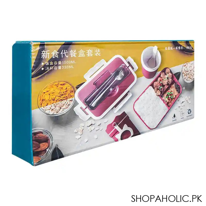 Plastic Lunch Box, 3 Compartments & Cutlery & 330ml Soup Cup, 1500ml, Red, 6.1in (H) x 4.1in (W) x 2.6in (D), Zb-6325 - Image 5