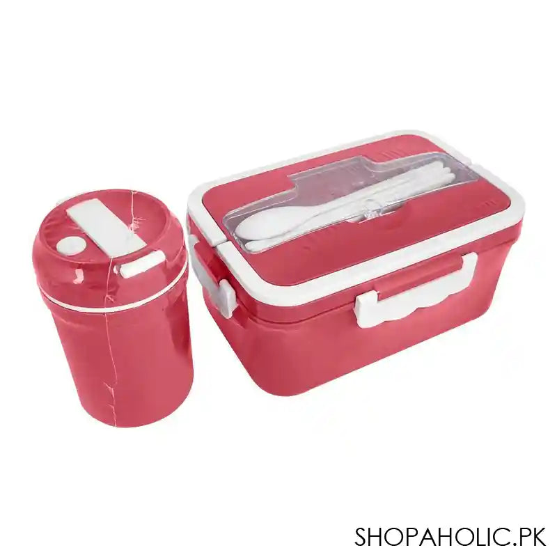 Plastic Lunch Box, 3 Compartments & Cutlery & 330ml Soup Cup, 1500ml, Red, 6.1in (H) x 4.1in (W) x 2.6in (D), Zb-6325 - Main Image