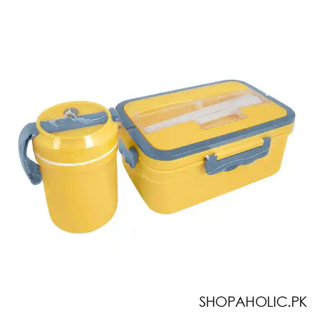 Plastic Lunch Box, 3 Compartments & Cutlery & 330ml Soup Cup, 1500ml, Yellow, 6.9in (H) x 4.1in (W) x 2.8in (D), Zb-6325 - Main Image