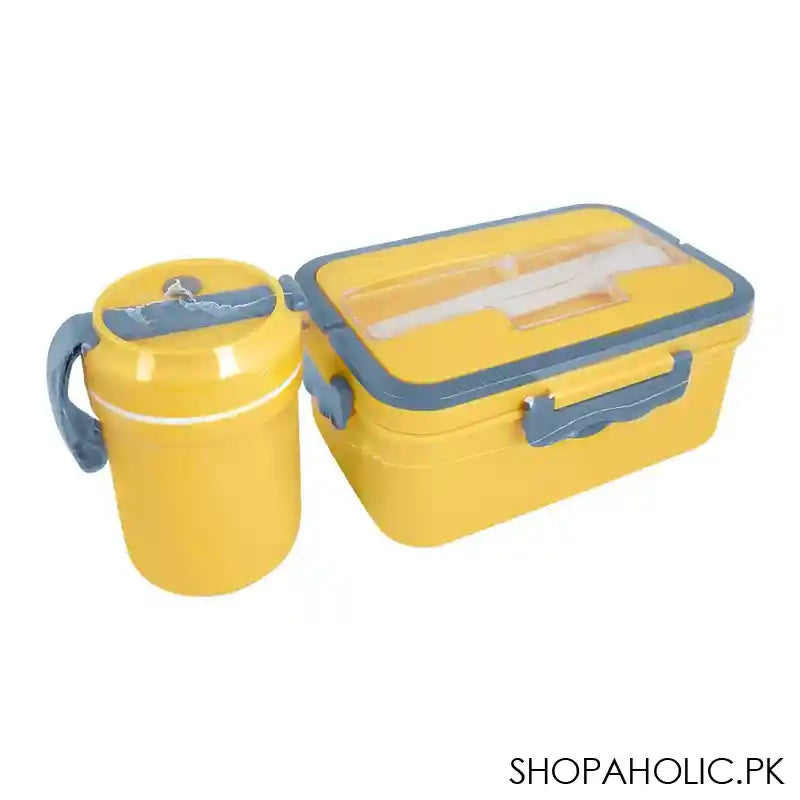 Plastic Lunch Box, 3 Compartments & Cutlery & 330ml Soup Cup, 1500ml, Yellow, 6.9in (H) x 4.1in (W) x 2.8in (D), Zb-6325 - Main Image