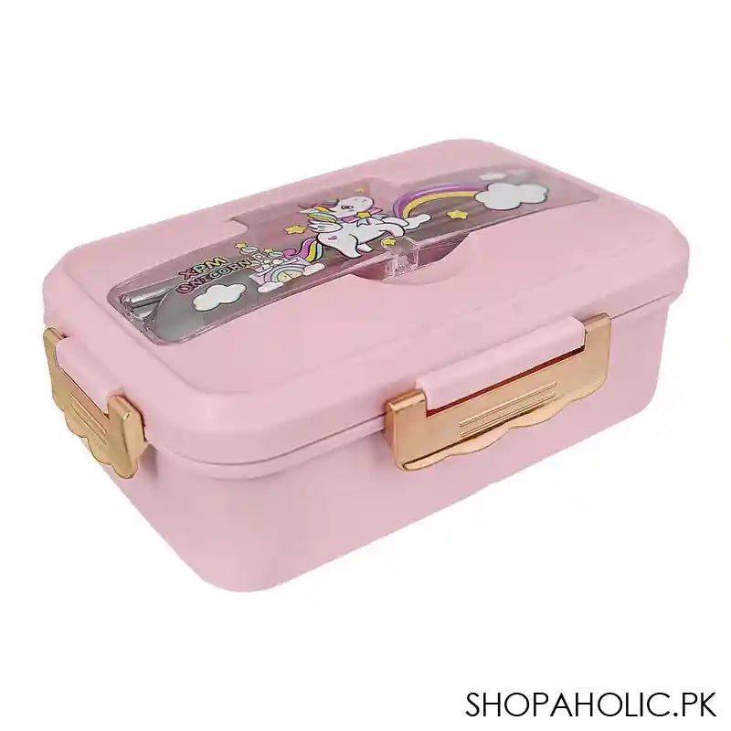 Plastic Lunch Box, 3 Compartments & Cutlery, Pink, 6.3in (H) x 3.7in (W) x 2in (D), K-181 - Image 2