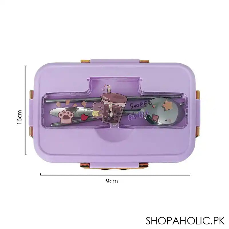 Plastic Lunch Box, 3 Compartments & Cutlery, Purple, 6.3in (H) x 3.5in (W) x 2.2in (D), K-181 - Image 4