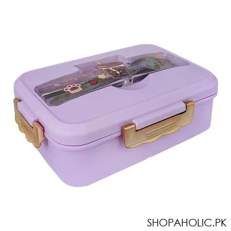 Plastic Lunch Box, 3 Compartments & Cutlery, Purple, 6.3in (H) x 3.5in (W) x 2.2in (D), K-181 - Image 3