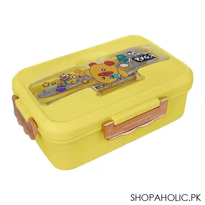 Plastic Lunch Box, 3 Compartments & Cutlery, Yellow, 6.5in (H) x 3.5in (W) x 2.2in (D), K-181 - Image 4