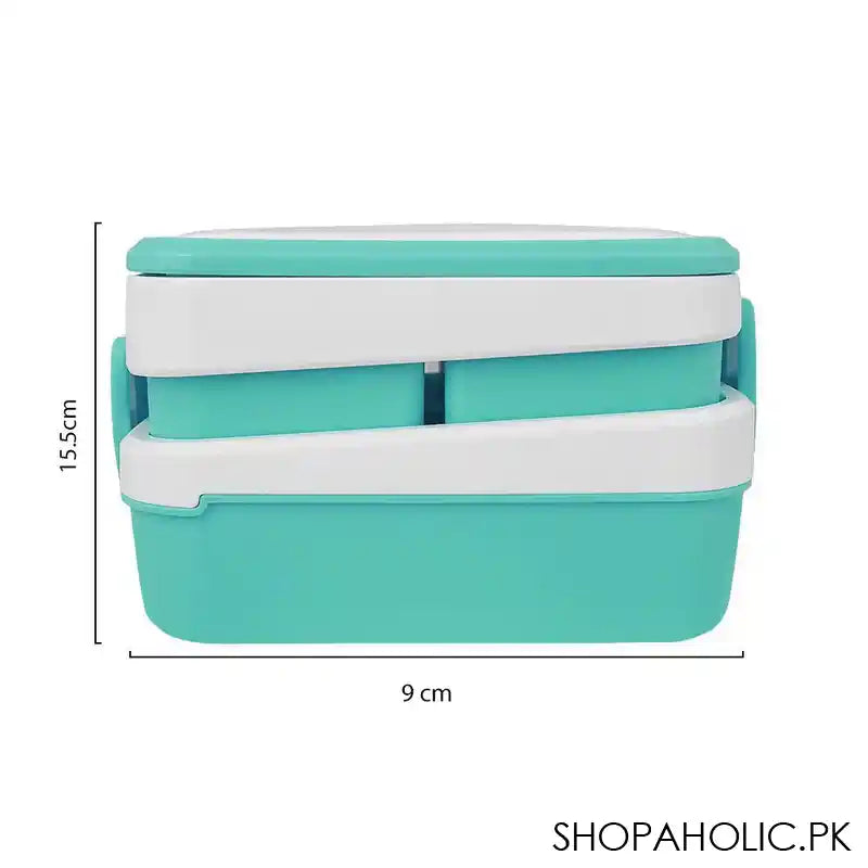 Plastic Lunch Box With 3 Rooms On 2 Levels With Own Handle, 1500ml, Sea Green, 6.1in (H) x 3.5in (W) x 2in (D), K-812 - Image 4
