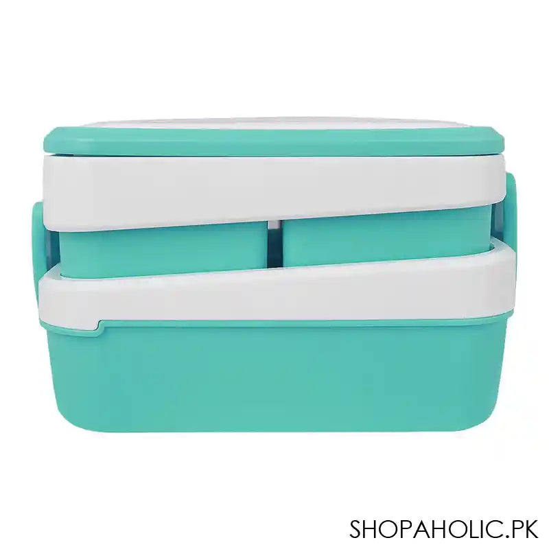 Plastic Lunch Box With 3 Rooms On 2 Levels With Own Handle, 1500ml, Sea Green, 6.1in (H) x 3.5in (W) x 2in (D), K-812 - Image 2