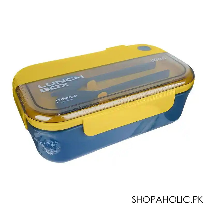 Plastic Lunch Box With Spoon, 1100ml Capacity, Blue, 8.5in (H) x 5.1in (W) x 2.8in (D), 335 - Main Image