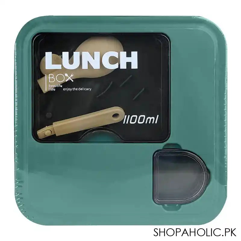 Plastic Lunch Box With Spoon, 1100ml Capacity, Green, 5.1in (H) x 5.1in (W) x 2in (D), 53002 - Main Image