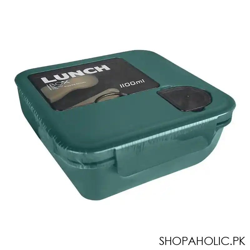 Plastic Lunch Box With Spoon, 1100ml Capacity, Green, 5.1in (H) x 5.1in (W) x 2in (D), 53002 - Image 2