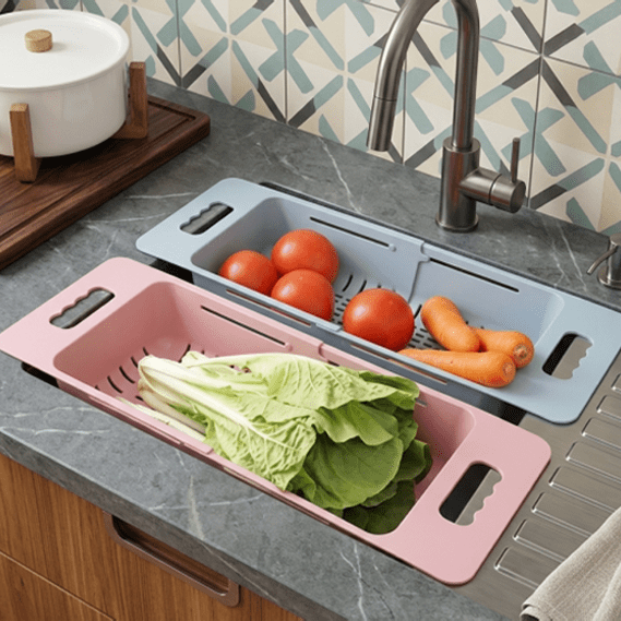 Imperial MineSpace Collapsible Kitchen Colander Sink Basket for Fruits and Vegetables Drain Rack Adjustable Strainer Tray Shelf Storage Holder Over the Sink for Kitchen main image