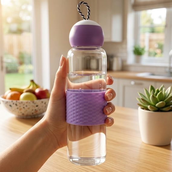 360ml Borosilicate Glass Water Bottle – Leak-Proof Lid with Carrying Loop & Silicone Grip Sleeve main image