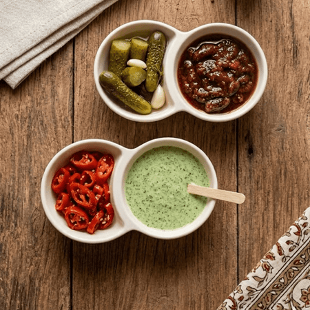Premium Dual-Compartment Ceramic Pickle and Condiment Serving Dish – Elegant Off-White Dipping Bowl main image