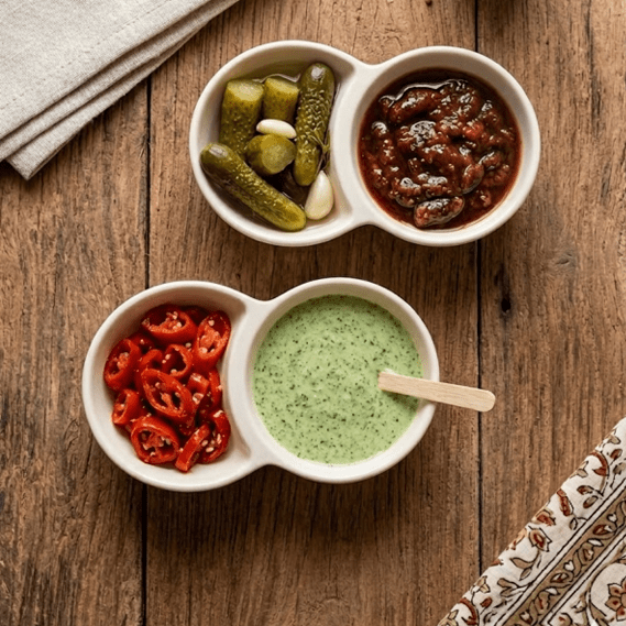 Premium Dual-Compartment Ceramic Pickle and Condiment Serving Dish – Elegant Off-White Dipping Bowl main image