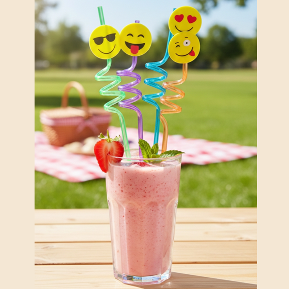 4-Piece Reusable Crazy Curly Straw Set – Fun Character Toppers for Kids’ Parties & Smoothies main image