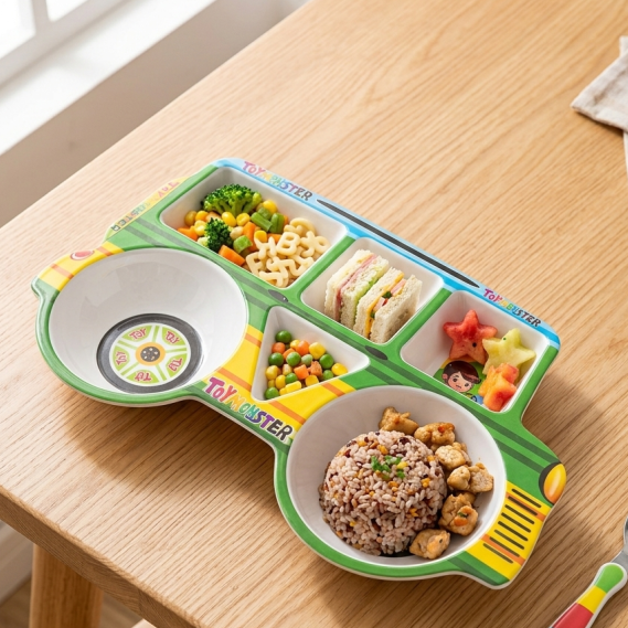 “Toy Monster” Kids’ School Bus Divided Meal Plate – Fun 5-Compartment Toddler Feeding Tray main image