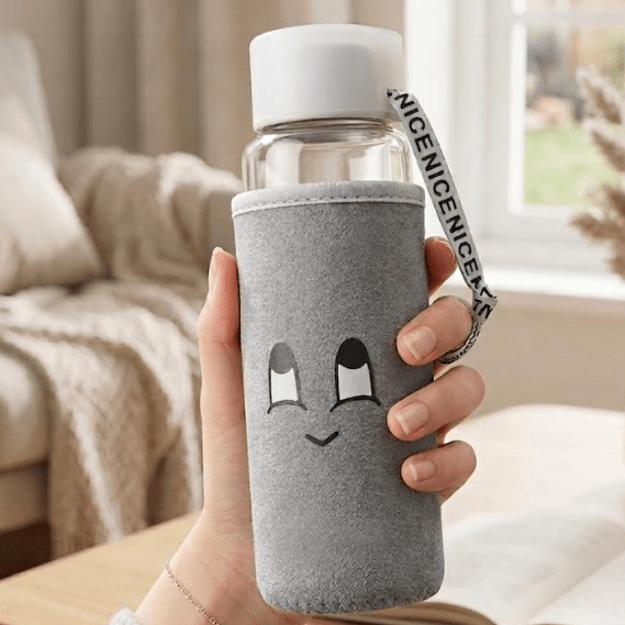 380ml Slim Borosilicate Glass Water Bottle with “Happy Face” Protective Sleeve main image