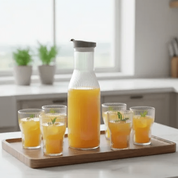 7-Piece Modern Ribbed Glass Carafe and Tumbler Set – Minimalist Water Pitcher & Drinkware main image