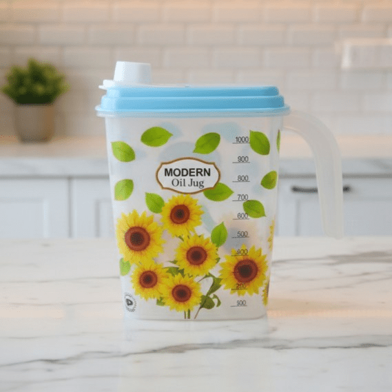 1000ml Modern Floral Oil Dispenser Jug – Leak-Proof Plastic Cooking Oil Container with Measurement Scale & Easy-Pour Spout main image