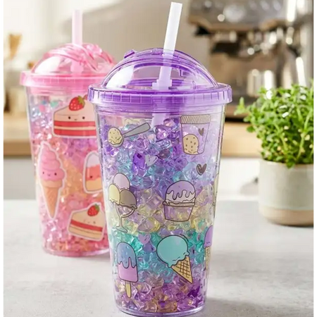 Double-Walled Plastic Tumbler with Dome Lid and Straw – Insulated Travel Jar with Decorative Gel Fillers main image