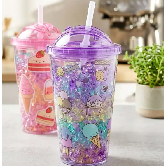 Double-Walled Plastic Tumbler with Dome Lid and Straw – Insulated Travel Jar with Decorative Gel Fillers main image