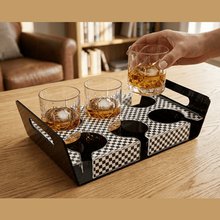IMPERIAL BLACK AND GOLD ELEGANT TEXTURED GLASS AND CUP HOLDER TRAY/6 SLOT BLACK GOLD TRAY main image